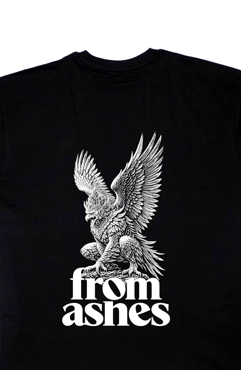 Black t-shirt with a white garuda design and 'from ashes' text on a white background