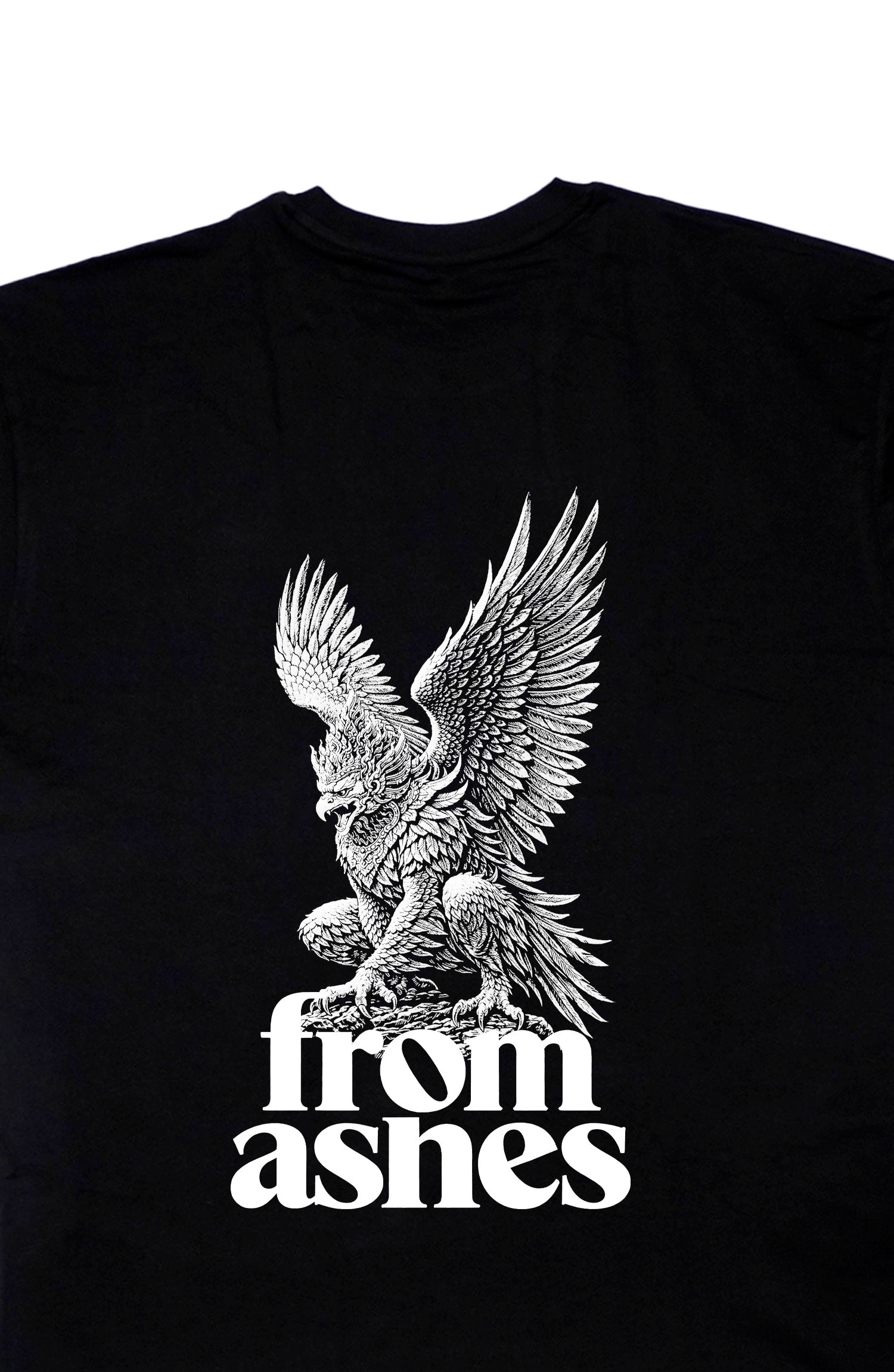 Black t-shirt with a white garuda design and 'from ashes' text on a white background
