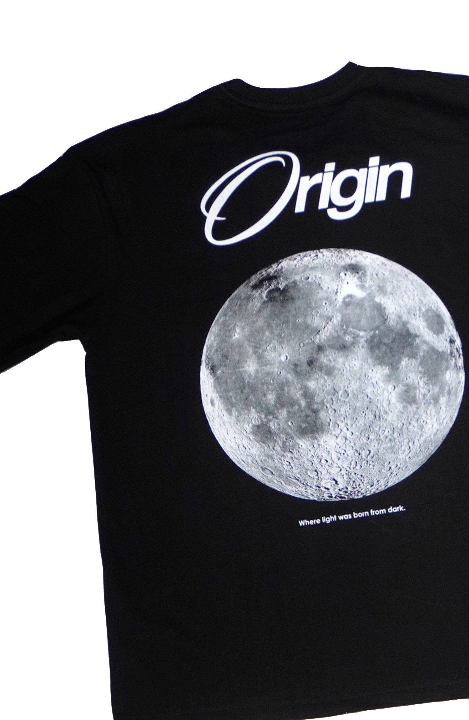 Black t-shirt with moon graphic and 'Origin' logo on a white background